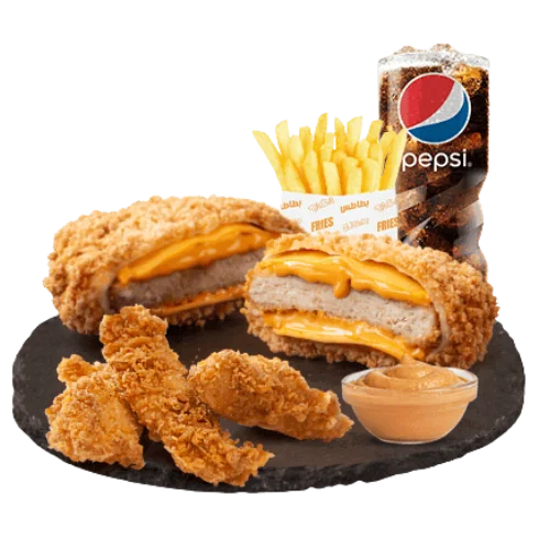 وجبة جيمر بوكس من الطازج تحتوي على كرسبي برجر وتيندرز دجاج مع بطاطس ومشروب وصوص للتغميس