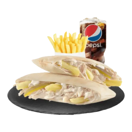 وجبة فروج مشوي طازج مع مخلل وثوم ومايو وبطاطس في خبز عربي مع مشروب